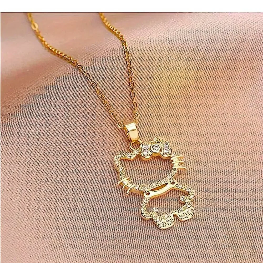 Gold Hello Kitty Hollow Zircon Necklace